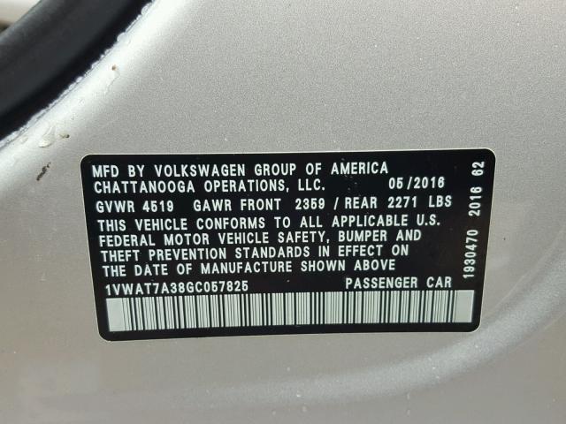 1VWAT7A38GC057825 - 2016 VOLKSWAGEN PASSAT S SILVER photo 10