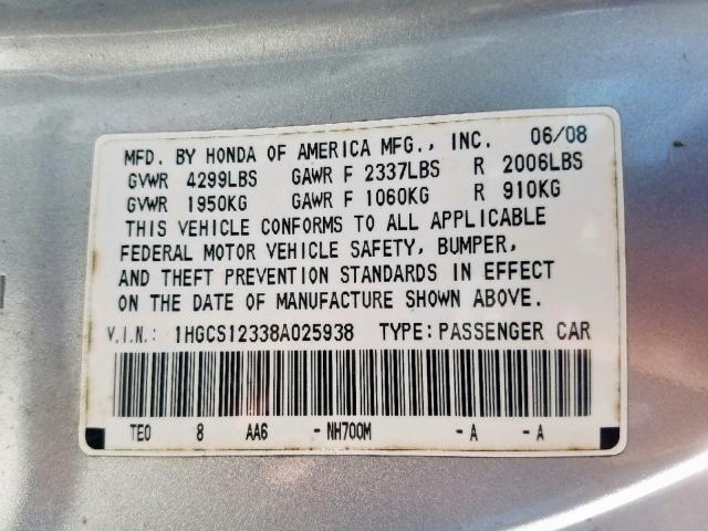 1HGCS12338A025938 - 2008 HONDA ACCORD LX- SILVER photo 10