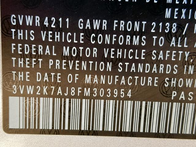 3VW2K7AJ8FM303954 - 2015 VOLKSWAGEN JETTA BASE SILVER photo 10