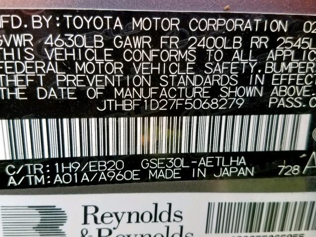 JTHBF1D27F5068279 - 2015 LEXUS IS 250 GRAY photo 10