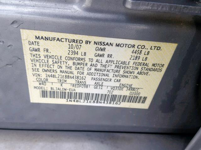 1N4BL21E88N438162 - 2008 NISSAN ALTIMA 3.5 GRAY photo 10