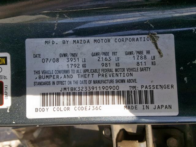 JM1BK323391190900 - 2009 MAZDA 3 S GRAY photo 10