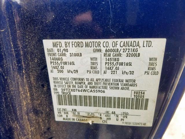 2FTZX0764WCA55906 - 1998 FORD F150 BLUE photo 10