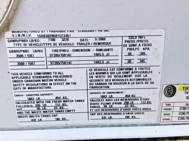 1SABS02N581CF2451 - 2008 STCF TRAVEL STA WHITE photo 10