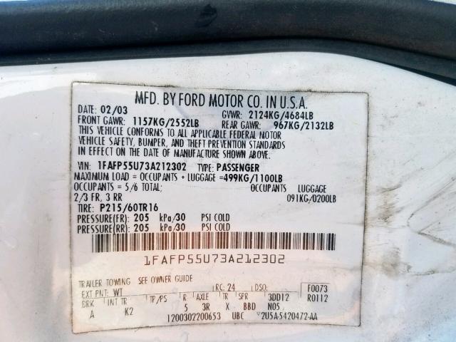 1FAFP55U73A212302 - 2003 FORD TAURUS SES WHITE photo 10