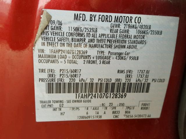 1FAHP24107G128369 - 2007 FORD FIVE HUNDR RED photo 10