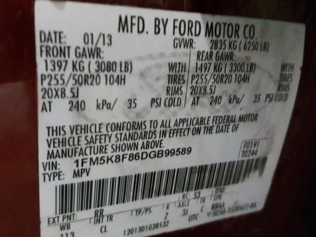 1FM5K8F86DGB99589 - 2013 FORD EXPLORER L RED photo 10