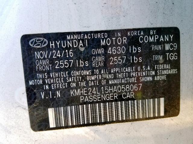 KMHE24L15HA058067 - 2017 HYUNDAI SONATA HYB WHITE photo 10