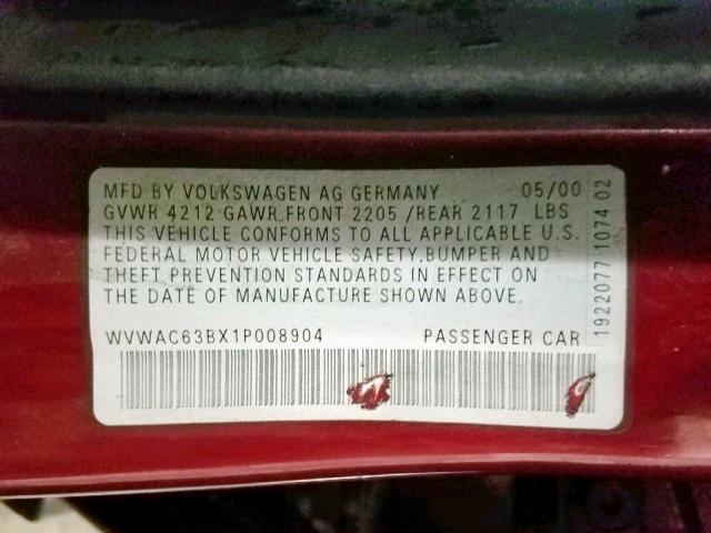 WVWAC63BX1P008904 - 2001 VOLKSWAGEN PASSAT GLS RED photo 10