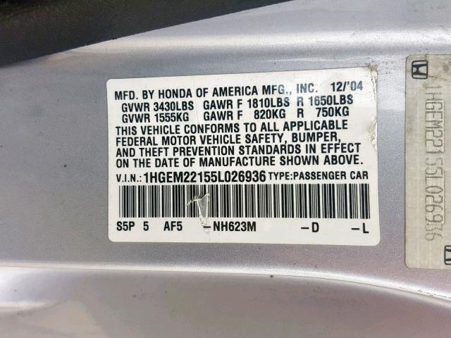 1HGEM22155L026936 - 2005 HONDA CIVIC DX V SILVER photo 10