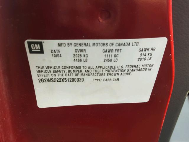 2G2WS522X51200920 - 2005 PONTIAC GRAND PRIX MAROON photo 10