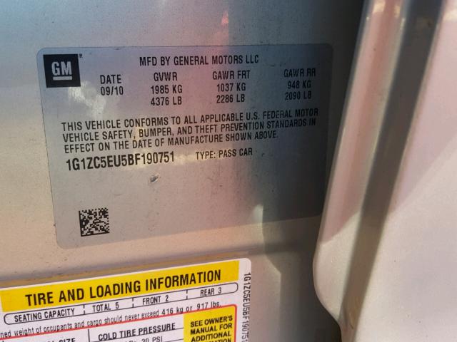 1G1ZC5EU5BF190751 - 2011 CHEVROLET MALIBU 1LT SILVER photo 10