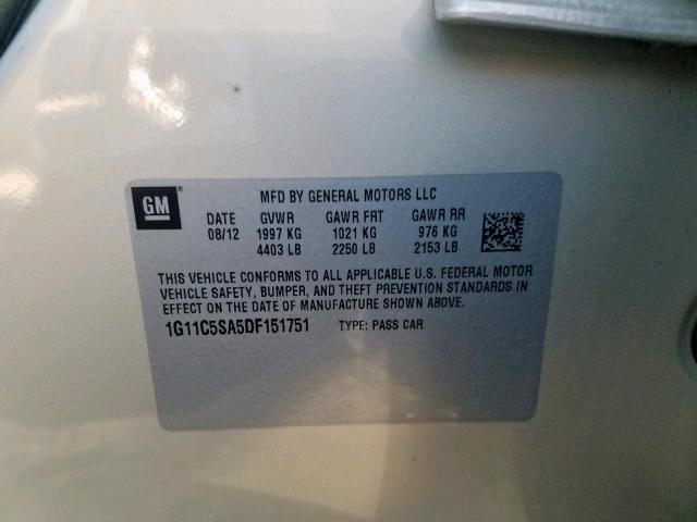 1G11C5SA5DF151751 - 2013 CHEVROLET MALIBU 1LT 奶油色 照片 10