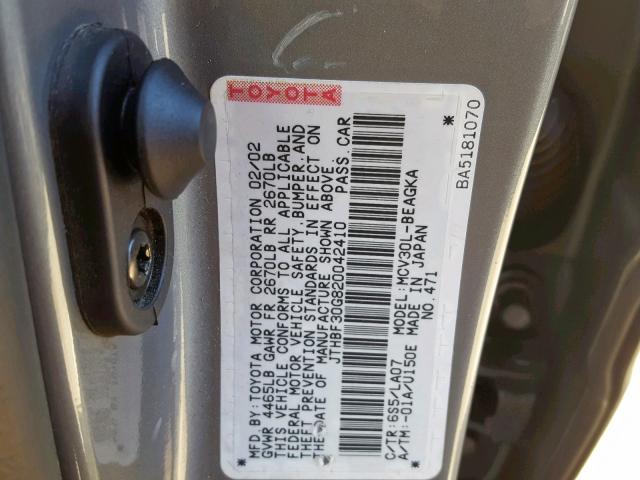 JTHBF30G820042410 - 2002 LEXUS ES 300 GRAY photo 10