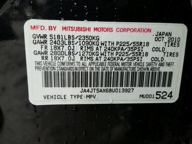 JA4JT5AX6BU013927 - 2011 MITSUBISHI OUTLANDER BLACK photo 10