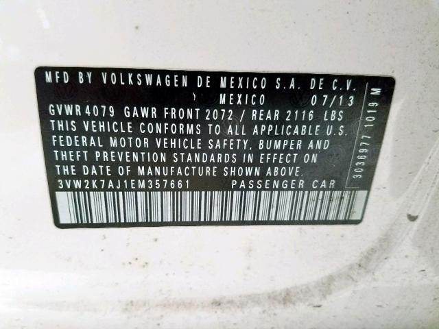 3VW2K7AJ1EM357661 - 2014 VOLKSWAGEN JETTA BASE 白色 照片 10