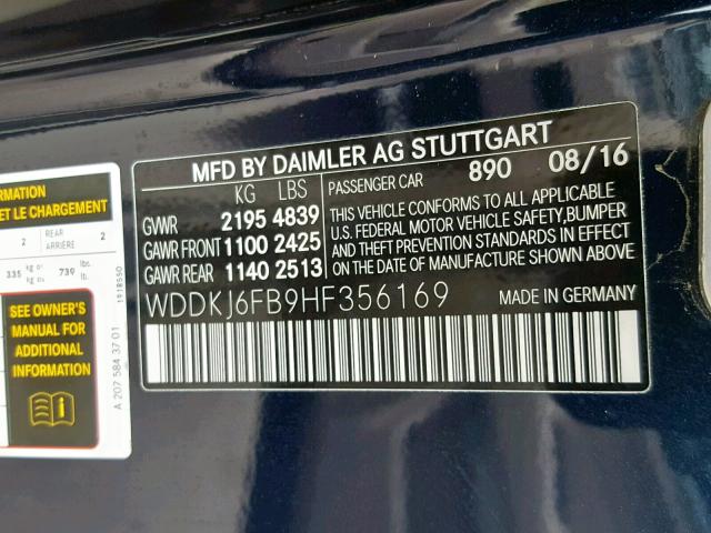 WDDKJ6FB9HF356169 - 2017 MERCEDES-BENZ E 400 BLUE photo 10