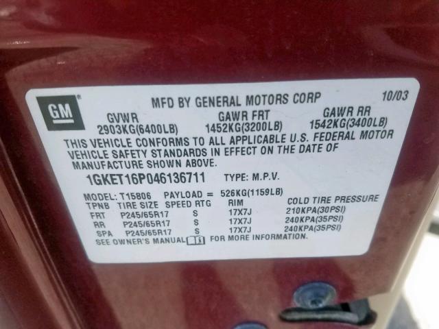 1GKET16P046136711 - 2004 GMC ENVOY XL BURGUNDY photo 10