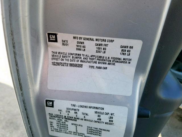 1G2NF52TX1M666208 - 2001 PONTIAC GRAND AM S SILVER photo 10