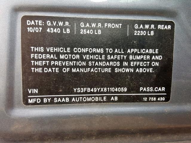 YS3FB49YX81104059 - 2008 SAAB 9-3 2.0T GRAY photo 10