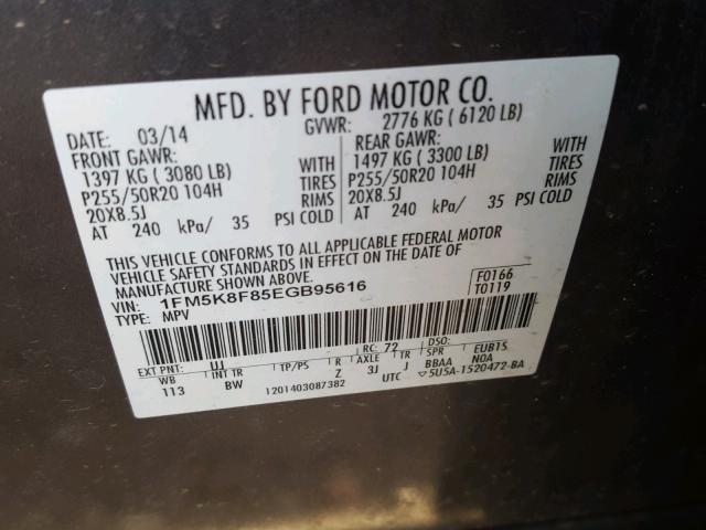 1FM5K8F85EGB95616 - 2014 FORD EXPLORER L GRAY photo 10