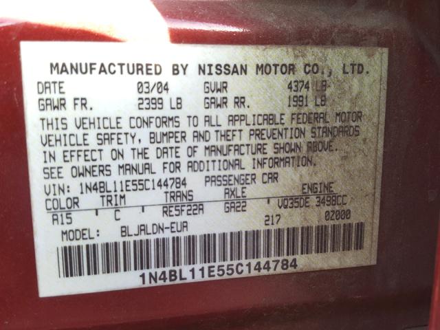 1N4BL11E55C144784 - 2005 NISSAN ALTIMA SE RED photo 10