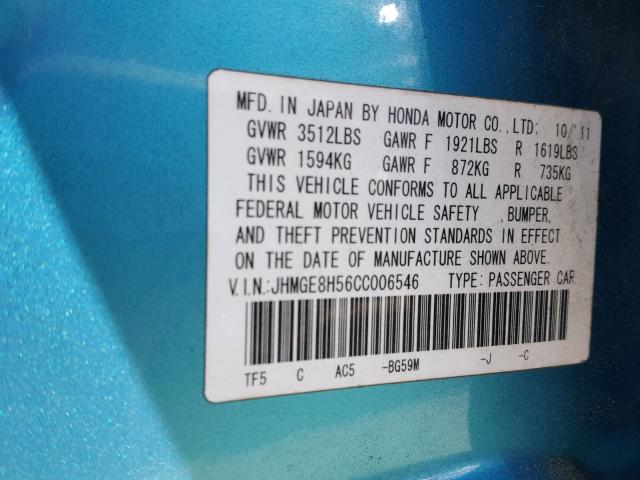 JHMGE8H56CC006546 - 2012 HONDA FIT SPORT TURQUOISE photo 10