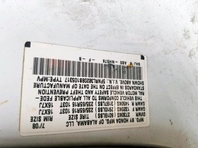 5FNRL38208B105317 - 2008 HONDA ODYSSEY LX WHITE photo 10