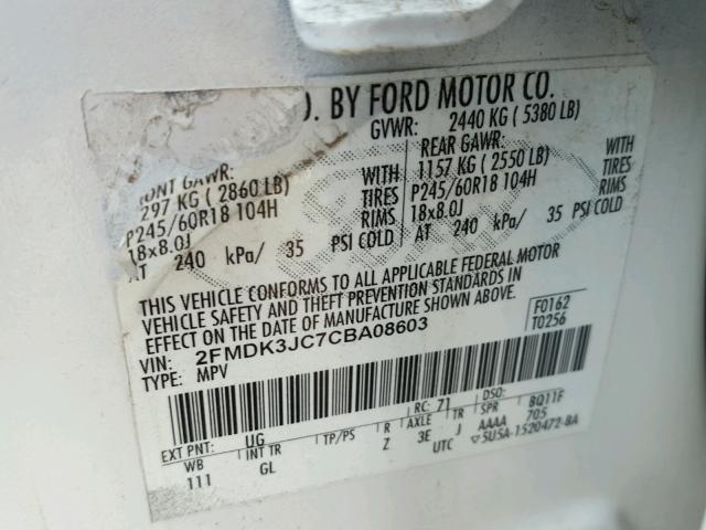 2FMDK3JC7CBA08603 - 2012 FORD EDGE SEL WHITE photo 10