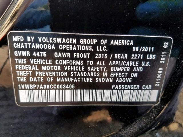 1VWBP7A39CC003405 - 2012 VOLKSWAGEN PASSAT SE BLACK photo 10