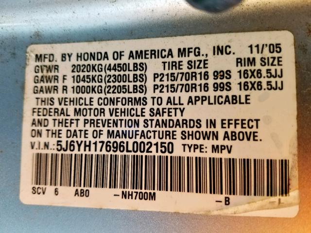 5J6YH17696L002150 - 2006 HONDA ELEMENT EX SILVER photo 10