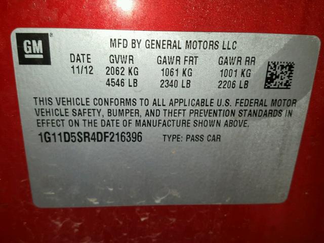 1G11D5SR4DF216396 - 2013 CHEVROLET MALIBU 1LT 红色 照片 10