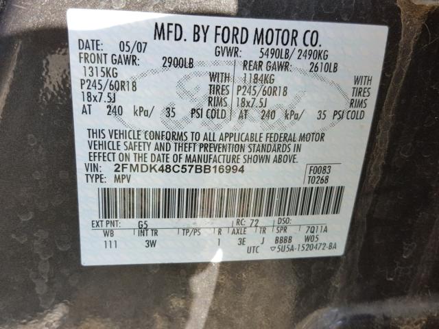 2FMDK48C57BB16994 - 2007 FORD EDGE SEL CHARCOAL photo 10