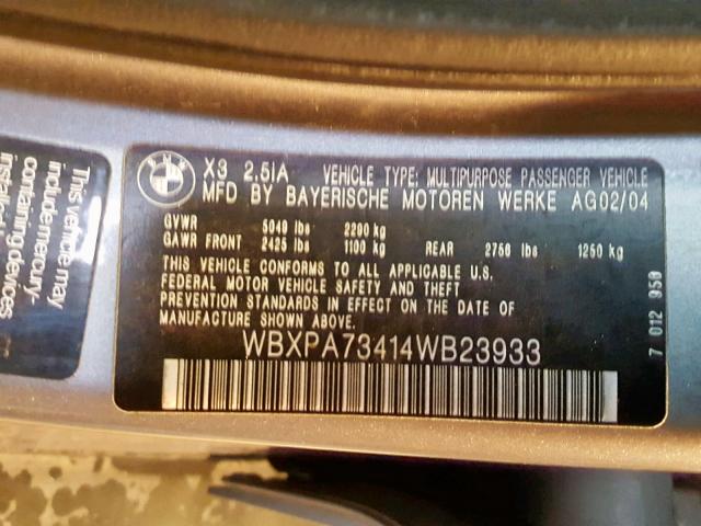 WBXPA73414WB23933 - 2004 BMW X3 2.5I GRAY photo 10