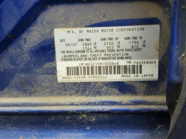 JM1BK323981830848 - 2008 MAZDA 3 S BLUE photo 10