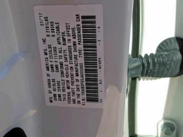 19UUB2F65JA005890 - 2018 ACURA TLX TECH+A WHITE photo 10