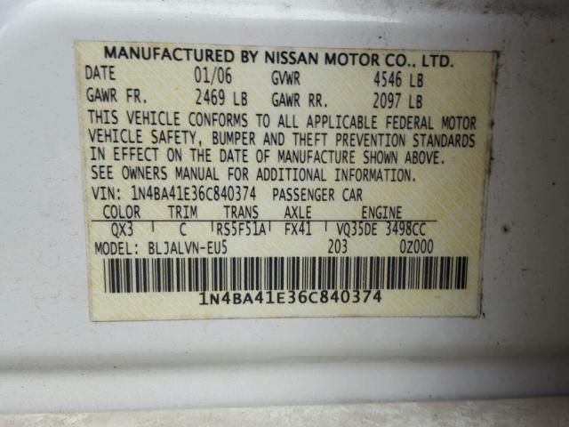 1N4BA41E36C840374 - 2006 NISSAN MAXIMA SE WHITE photo 10