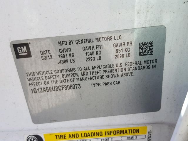 1G1ZA5EU3CF306973 - 2012 CHEVROLET MALIBU LS 白色 照片 10