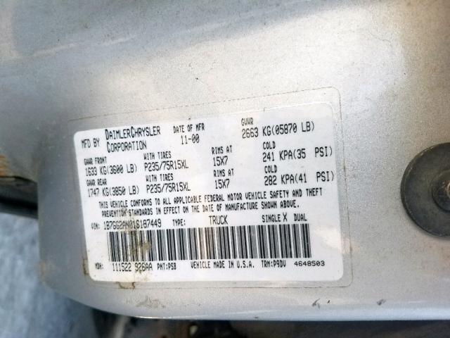 1B7GG2AN01S197449 - 2001 DODGE DAKOTA QUA SILVER photo 10