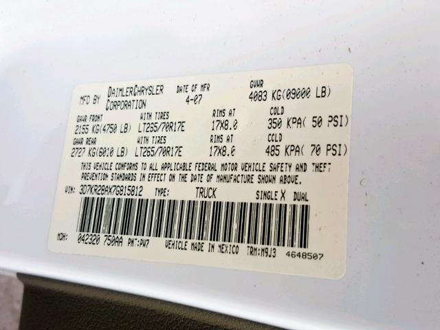 3D7KR28AX7G815812 - 2007 DODGE RAM 2500 S Սպիտակ լուսանկար 10