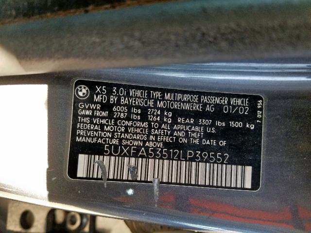 5UXFA53512LP39552 - 2002 BMW X5 3.0I GRAY photo 10