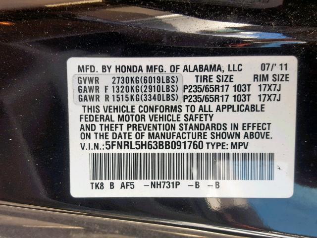 5FNRL5H63BB091760 - 2011 HONDA ODYSSEY EXL  photo 10