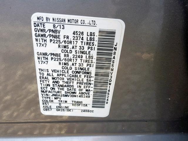 JN8AS5MV3DW145249 - 2013 NISSAN ROGUE S GRAY photo 10