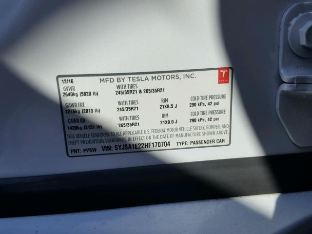 5YJSA1E22HF170704 - 2017 TESLA MODEL S WHITE photo 10