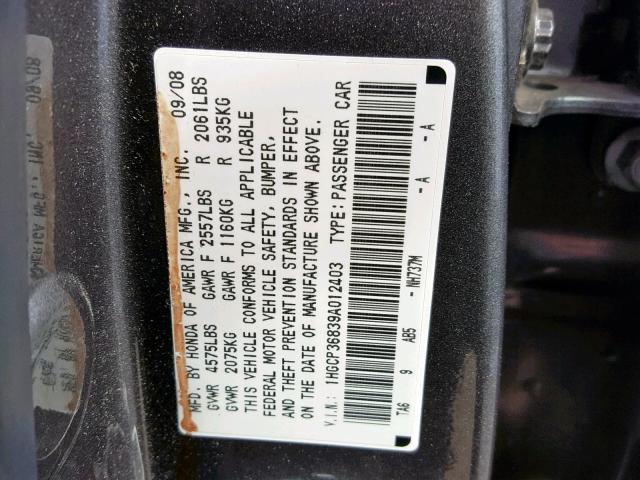 1HGCP36839A012403 - 2009 HONDA ACCORD EXL GRAY photo 10