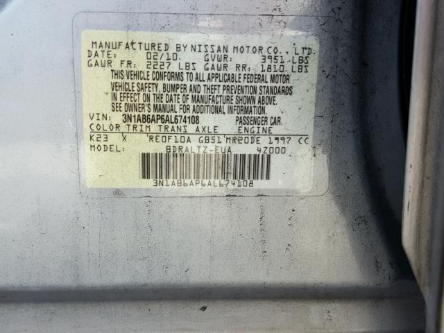 3N1AB6AP6AL674108 - 2010 NISSAN SENTRA 2.0 SILVER photo 10