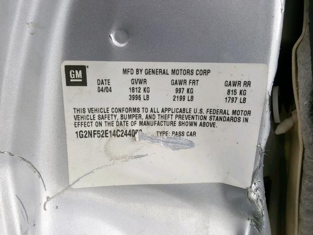 1G2NF52E14C244050 - 2004 PONTIAC GRAND AM S SILVER photo 10