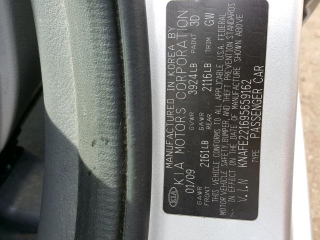 KNAFE221695659162 - 2009 KIA SPECTRA EX SILVER photo 10