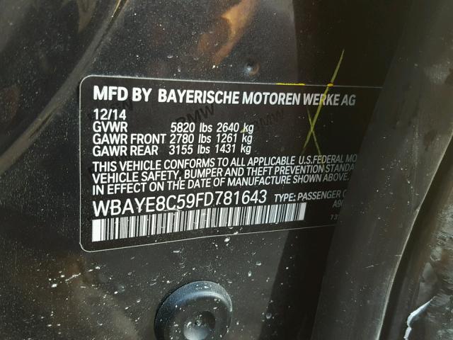 WBAYE8C59FD781643 - 2015 BMW 750 LI GRAY photo 10