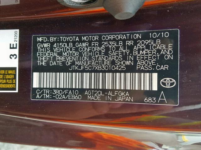 JTKJF5C7XB3010425 - 2011 TOYOTA SCION TC იასამნისფერი ფოტო 10